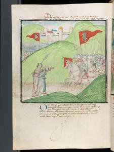 Ankunft des Grafen von Greyerz mit Fussvolk und Reiterei, 1476. Im Vordergrund die reizvolle Gruppe der Marketenderinnen.jpg