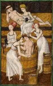 Knihovna Národního muzea v Praze; Praha; Česká republika, IV.B.24, f. 78v (‘Monks in the bath’). Jenský kodex Antithesis Christi et Antichristi, 1490-1510..jpg