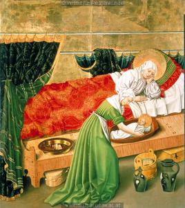 The Birth of Mary from an altarpiece at Kloster Neuburg, c. 1438-1440.JPG