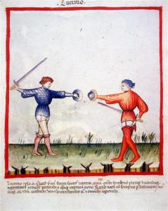Swordfighting, Tacuinum Sanitatis (ÖNB Codex Vindobonensis, series nova 2644, fol. 96), c. 1370-1400.jpg