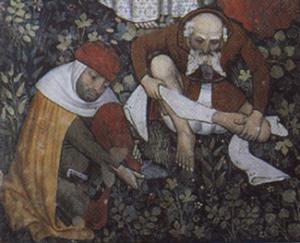 Men remove their shoes and hose from a fresco in the great hall of the Castello di Manta, c. 1411.JPG