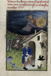 A peasant fastens his hose while walking into a hen house as Aurora brings in the dawn, L’Épître Othéa (British Library Harley 4431, fol. 115v), c. 1410-1414.jpg
